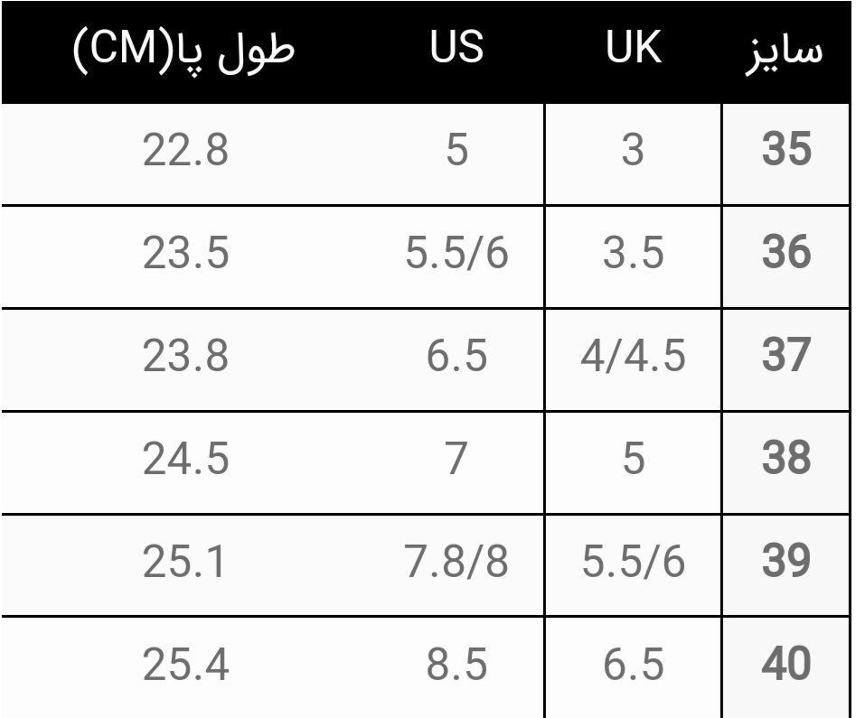 راهنمای سایز زنانه
